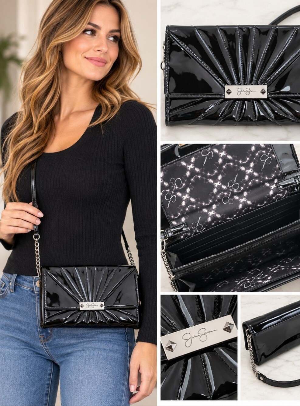 Jessica Simpson Black Patent Pleated Crossbody Bag